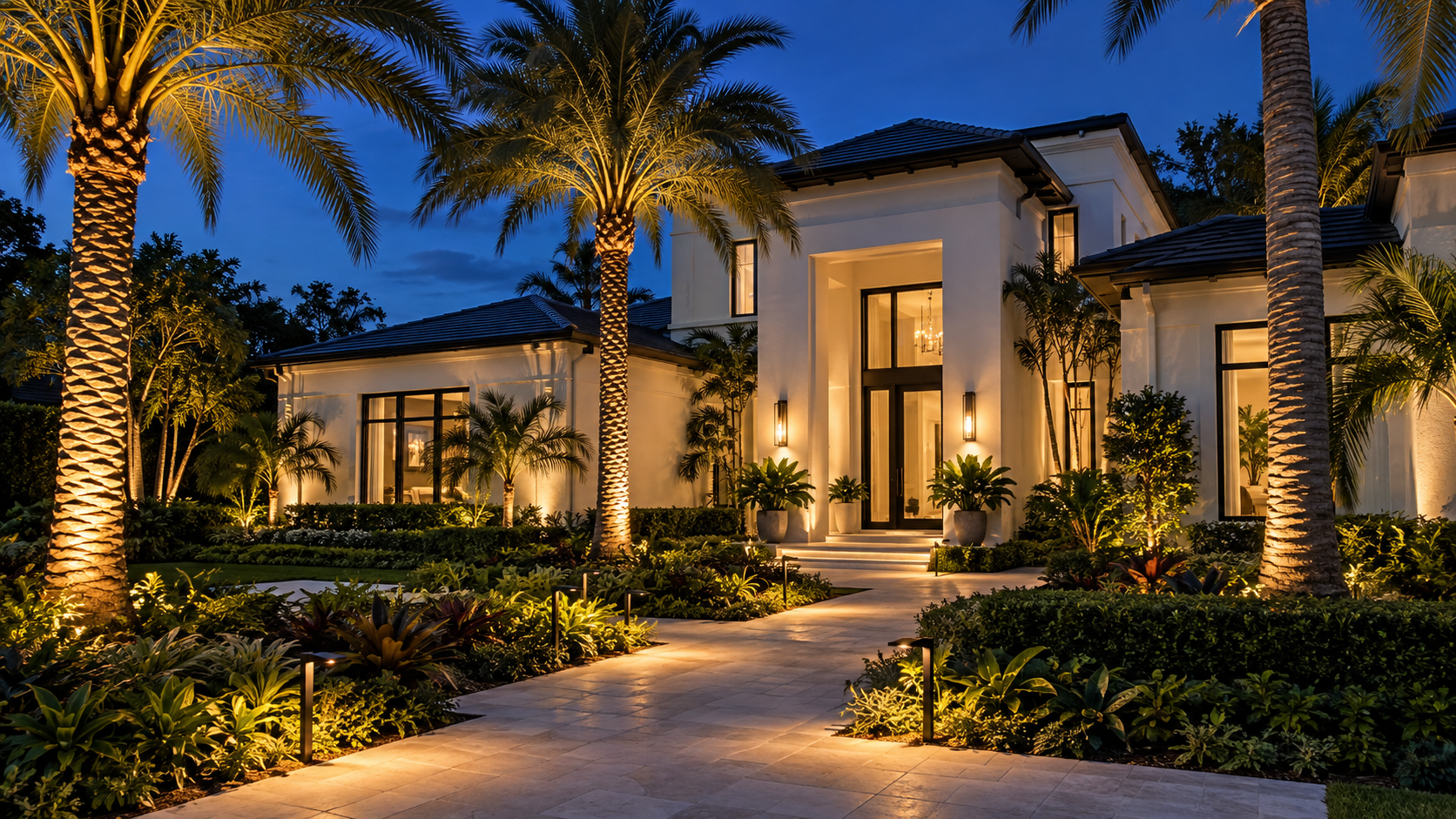 Illustration of warm lighting along a Florida home's paths, palms and facade at dusk